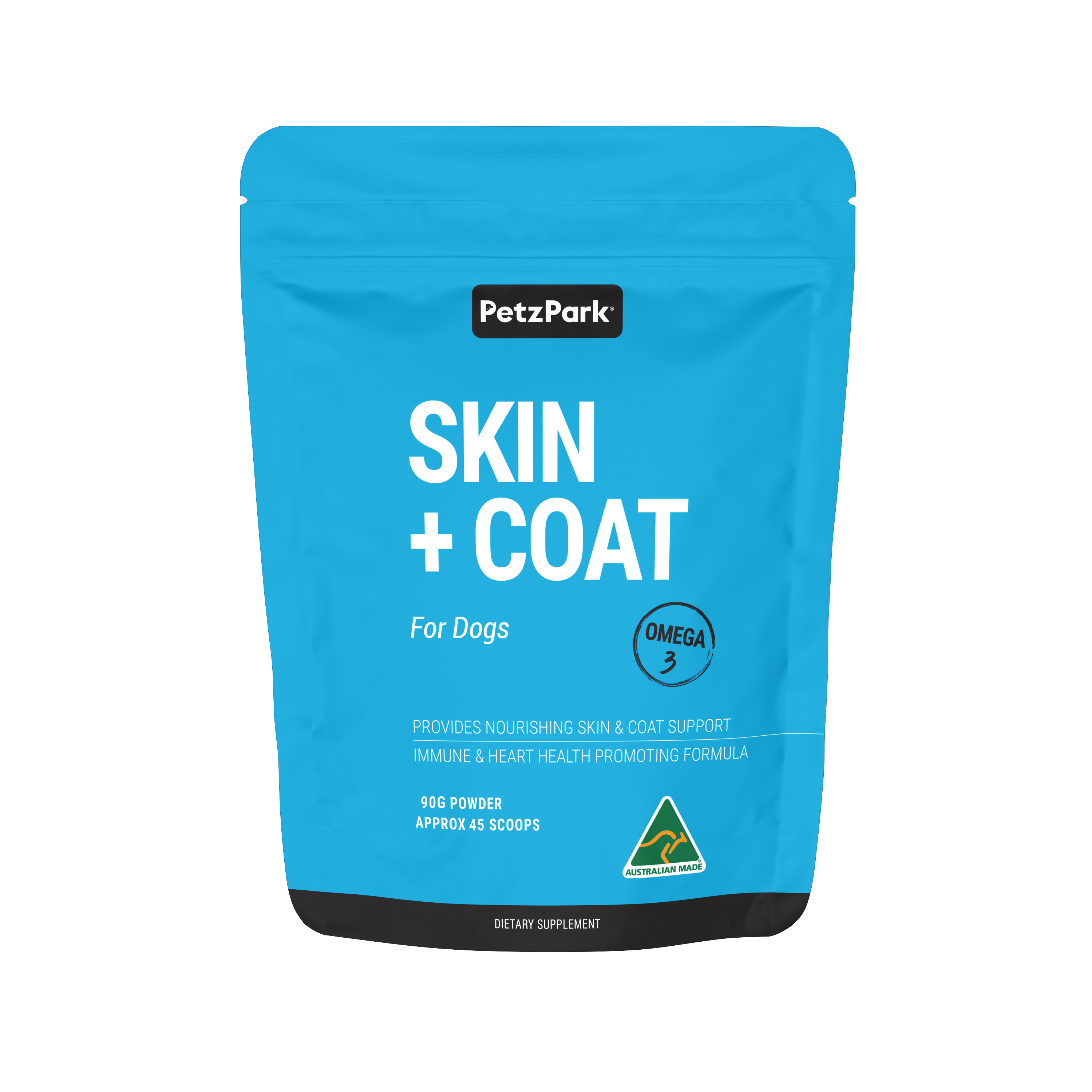 Petz Park Skin + Coat for Dogs, polvo para perros Omega-3 para una piel, pelaje, corazón más saludables y más
